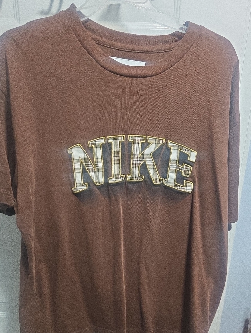 Nike Brown Tee with Plaid-Trim NIKE Logo